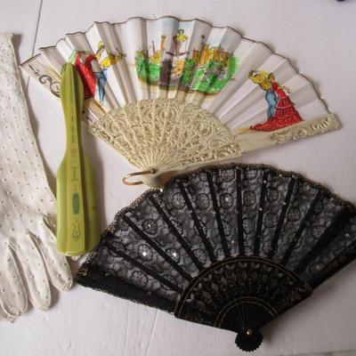 Lot 118:  Vintage Ladies Lot, Fans, Shoe Horn, Gloves