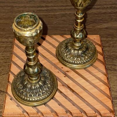 French Vintage Pair of Gothic Brass Candlestick Candle Holders