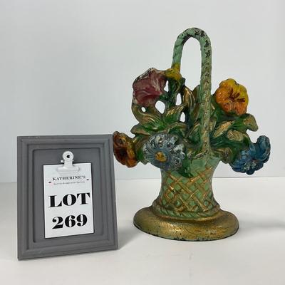 -269- VINTAGE | Antique Cast Iron Flower Basket Doorstop