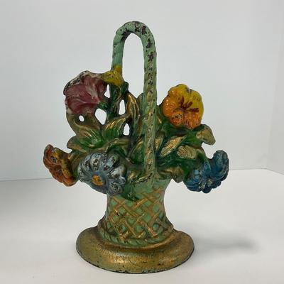 -269- VINTAGE | Antique Cast Iron Flower Basket Doorstop