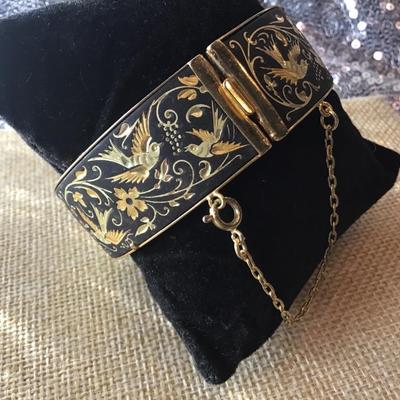 Vintage Damascene  Wide Etched Black Enamel & Gold Bird/Floral Panel Link Bracelet