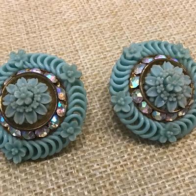 Vintage Celluoid Flower Blue Pastel Rhinestone Clip Earrings
