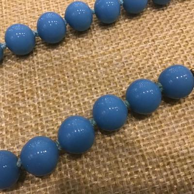 Vintage Blue Milk Glass knotted Strand Necklace - Japan