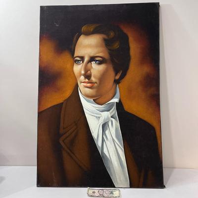 LARGE PORTRAIT OF JOSEPH SMITH ON BLACK VELVET CANVAS