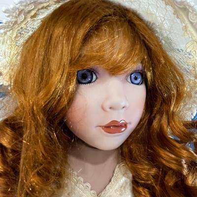 NEW WITH TAG WILLIAM TUNG PORCELAIN RED HAIRED â€œKELLYâ€ DOLL LACY SATIN OUTFIT