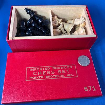 CARVED WOOD IMPORTED FROM FRANCE CHESS SET IN WOOD BOX, IN RED TOY BOX