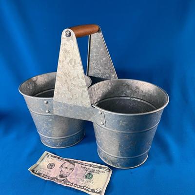 CUTE GALVANIZED METAL 2-SECTION PICNIC CADDY w/ WOOD HANDLE