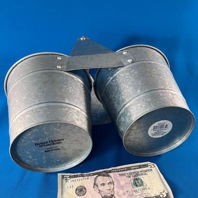 CUTE GALVANIZED METAL 2-SECTION PICNIC CADDY w/ WOOD HANDLE