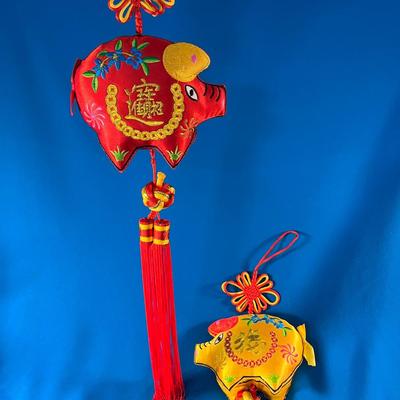 PAIR FANCY SATIN EMBROIDERED CHINESE PIG HANGING DECORATIONS