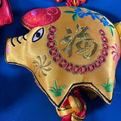 PAIR FANCY SATIN EMBROIDERED CHINESE PIG HANGING DECORATIONS