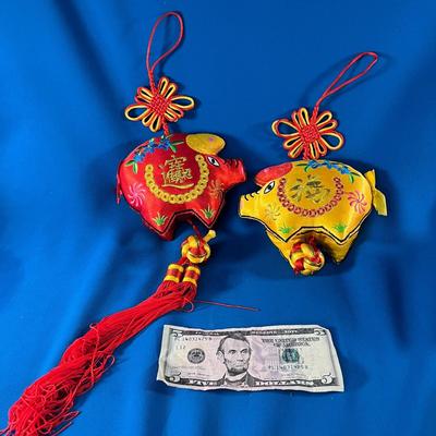 PAIR FANCY SATIN EMBROIDERED CHINESE PIG HANGING DECORATIONS
