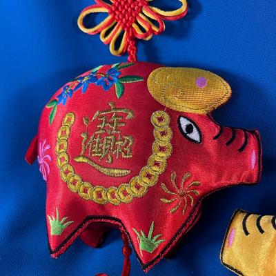 PAIR FANCY SATIN EMBROIDERED CHINESE PIG HANGING DECORATIONS