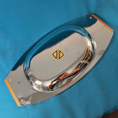 KROMEX MID CENTURY MODERN CHROME AND WOOD SERVING DISH