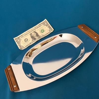KROMEX MID CENTURY MODERN CHROME AND WOOD SERVING DISH