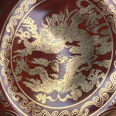 JAPANESE GOLDEN DRAGON ON CINNABAR RED BACKGROUND RICE BOWL