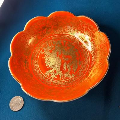 JAPANESE GOLDEN DRAGON ON CINNABAR RED BACKGROUND RICE BOWL