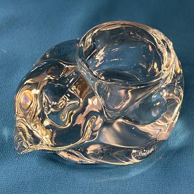 CLEAR GLASS CURLED UP SLEEPING CAT VOTIVE CANDLE HOLDER