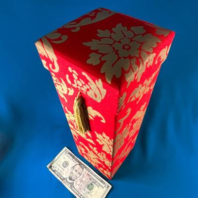 FANCY CHINESE FABRIC COVERED TALL BOX WITH TASSEL