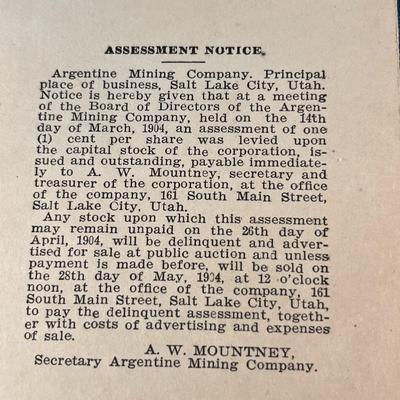 1904 ARGENTINE MINING COMPANY of SALT LAKE CITY ASSESSMENT NOTICE POST CARD