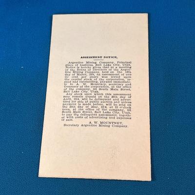 1904 ARGENTINE MINING COMPANY of SALT LAKE CITY ASSESSMENT NOTICE POST CARD