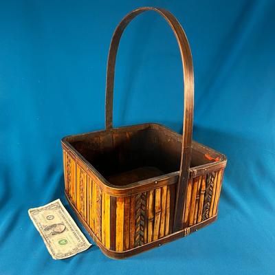 ALL WOOD BASKET WITH DECORATIVE BAMBOO AND METAL EMBELLISHMENTS