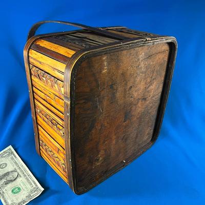 ALL WOOD BASKET WITH DECORATIVE BAMBOO AND METAL EMBELLISHMENTS