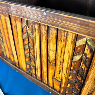 ALL WOOD BASKET WITH DECORATIVE BAMBOO AND METAL EMBELLISHMENTS