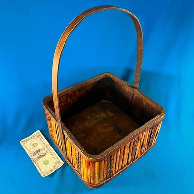 ALL WOOD BASKET WITH DECORATIVE BAMBOO AND METAL EMBELLISHMENTS