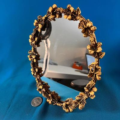 PRETTY FLORAL 3-D GOLD-TONE METAL OVAL MIRROR w/ SELF STAND