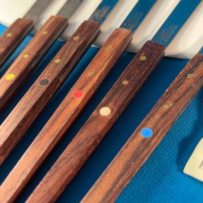 SET OF 6 COLOR CODED HANDSOME MID CENTURY MODERN FONDUE FORKS w/ WOOD HANDLES