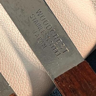 SET OF 6 COLOR CODED HANDSOME MID CENTURY MODERN FONDUE FORKS w/ WOOD HANDLES