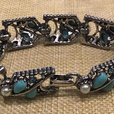 Blue rhinestone Faux Turquoise wide metal panel link bracelet