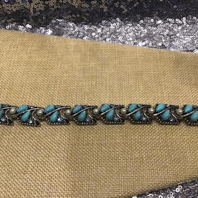 Blue rhinestone Faux Turquoise wide metal panel link bracelet