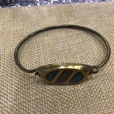 Vintage Brass Type Inlay Hinge Bracelet