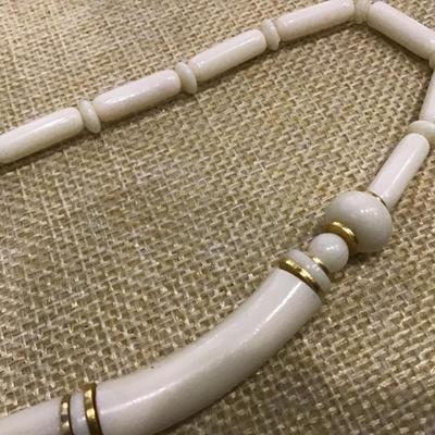 Vintage White Acrylic Tube Shaped  and Beaded Retro Necklace