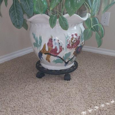 LARGE POT WITH HEALTHY LIVE PLANT ON METAL STAND