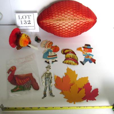 Lot of Decorative Thanksgiving Paper Items, Honeycomb Football, Turkey, More