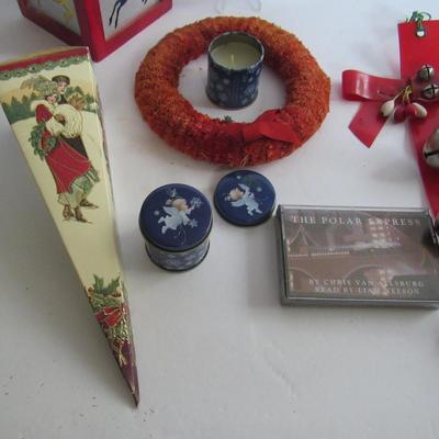 Misc Christmas Lot, Sleighbells, Wreath, Cardboard Candy Box, Candles