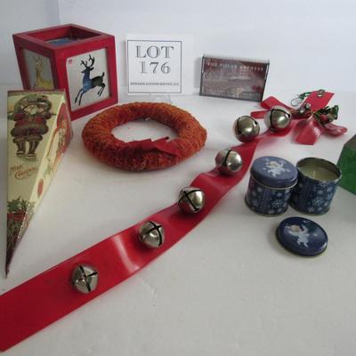 Misc Christmas Lot, Sleighbells, Wreath, Cardboard Candy Box, Candles