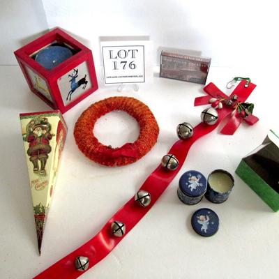 Misc Christmas Lot, Sleighbells, Wreath, Cardboard Candy Box, Candles