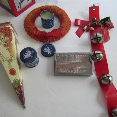 Misc Christmas Lot, Sleighbells, Wreath, Cardboard Candy Box, Candles