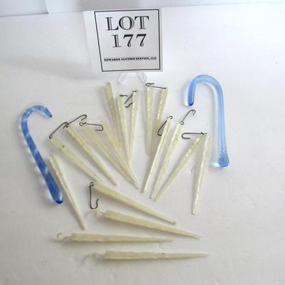 Lot of Vintage Plastic Icicle Christmas Ornaments and Art Glass Candy Cane Ornaments