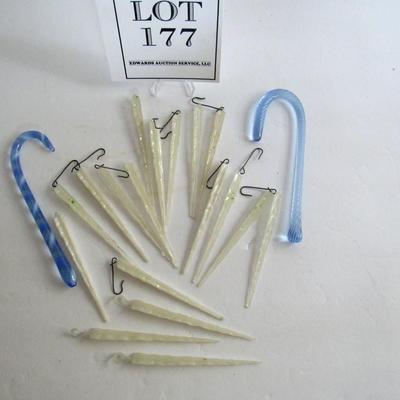 Lot of Vintage Plastic Icicle Christmas Ornaments and Art Glass Candy Cane Ornaments