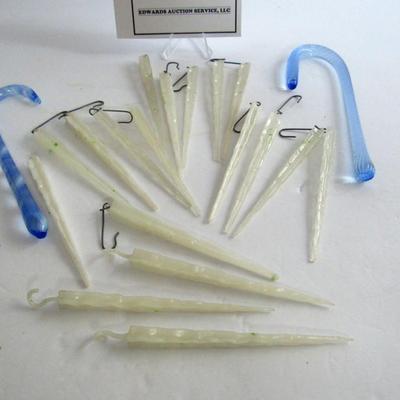 Lot of Vintage Plastic Icicle Christmas Ornaments and Art Glass Candy Cane Ornaments
