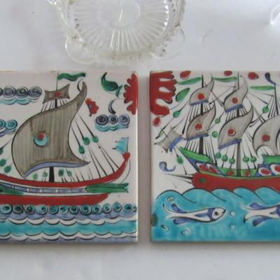 3 Old Ashtrays and 2 Older Greek Tiles