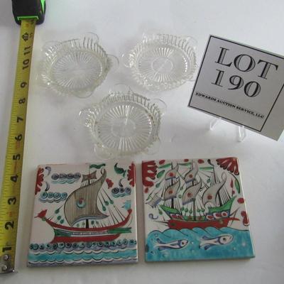 3 Old Ashtrays and 2 Older Greek Tiles