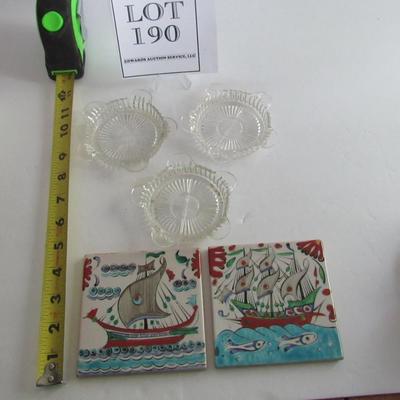 3 Old Ashtrays and 2 Older Greek Tiles
