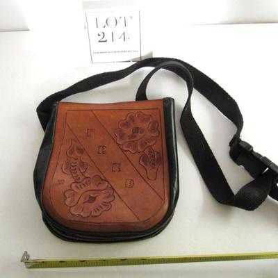 Older Hand Carved Leather Bag, FRED on Front