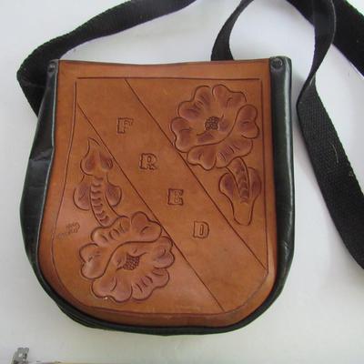 Older Hand Carved Leather Bag, FRED on Front