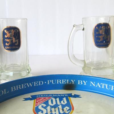 Lot 218:  Vintage Old Style Beer Tray and 2 Lowenbrau Glasses